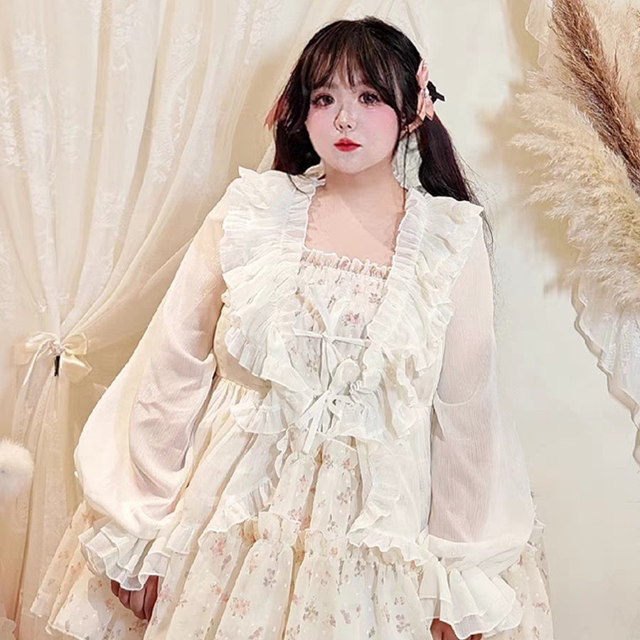 少女甜梦大码温柔杏色甜美荷叶边雪纺防晒外套闪亮灯笼袖开衫外搭