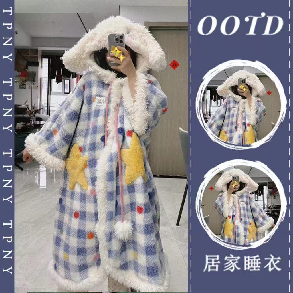 【暖暖专属】可爱少女毛绒斗篷连帽法兰绒睡衣睡袍冬新款睡裙大码大