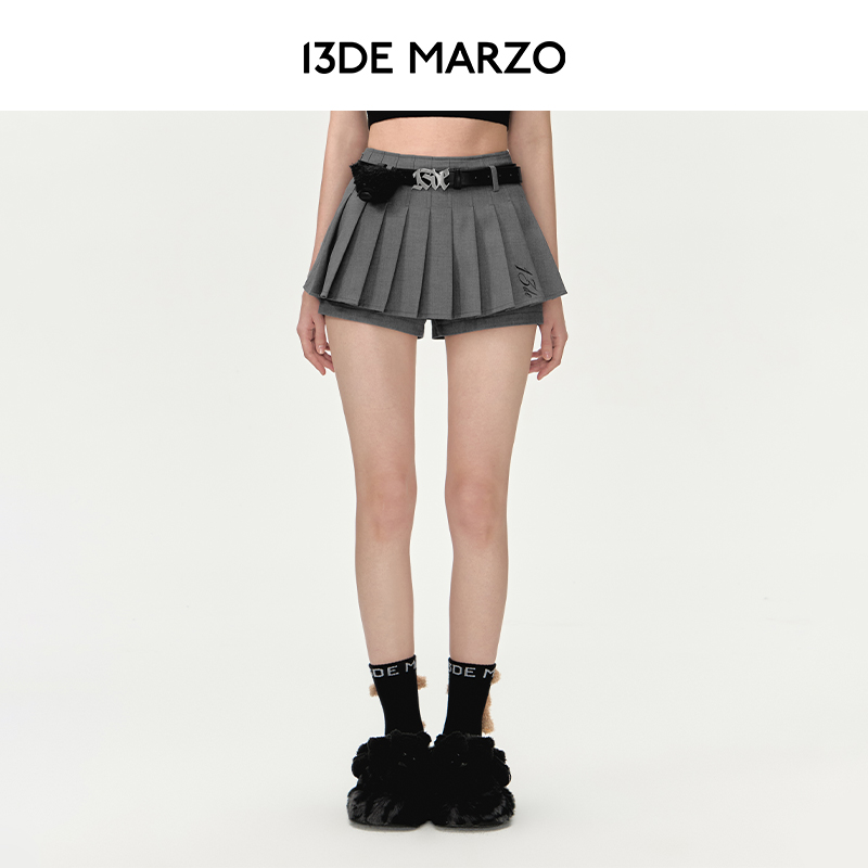 13DE MARZO女士百褶高腰皮带百搭裙裤时尚复古气泡裙