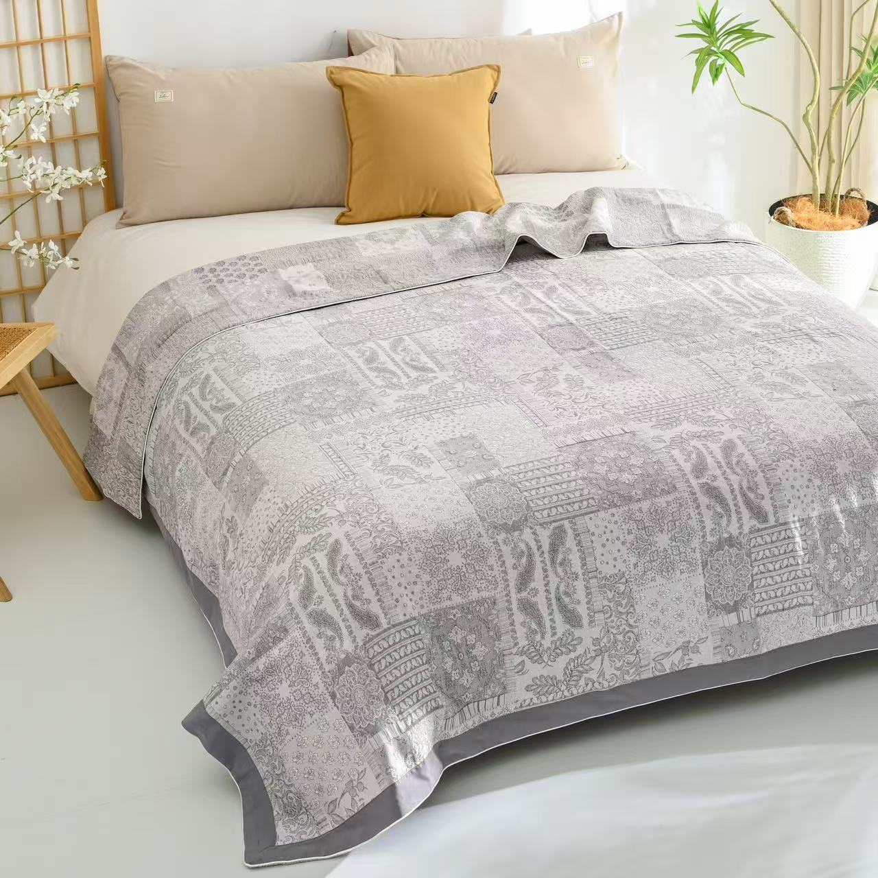 【百福纹灰色-床盖三件套】高端多功能工艺四季亲肤汉麻床盖毯