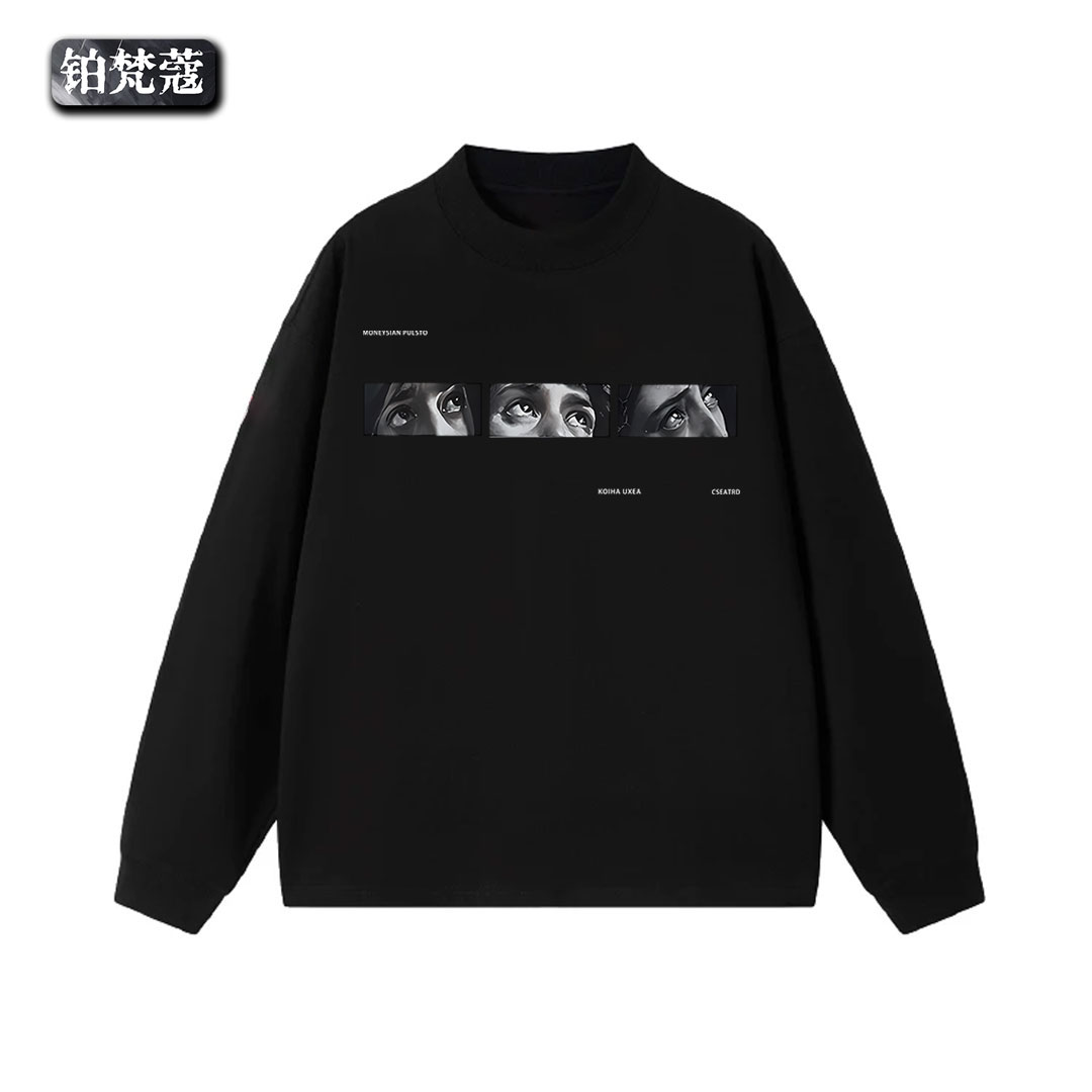 铂梵蔻秋冬圆领创意长袖新款T恤印花宽松痞帅男士纯棉百搭潮上衣