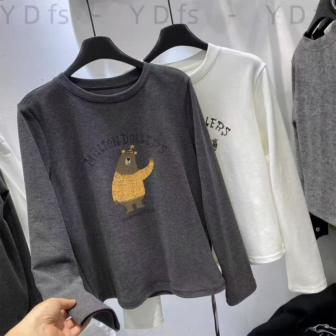 加绒~韩系【字母.卡通小熊】时尚印花设计感宽松圆领显瘦百搭25130