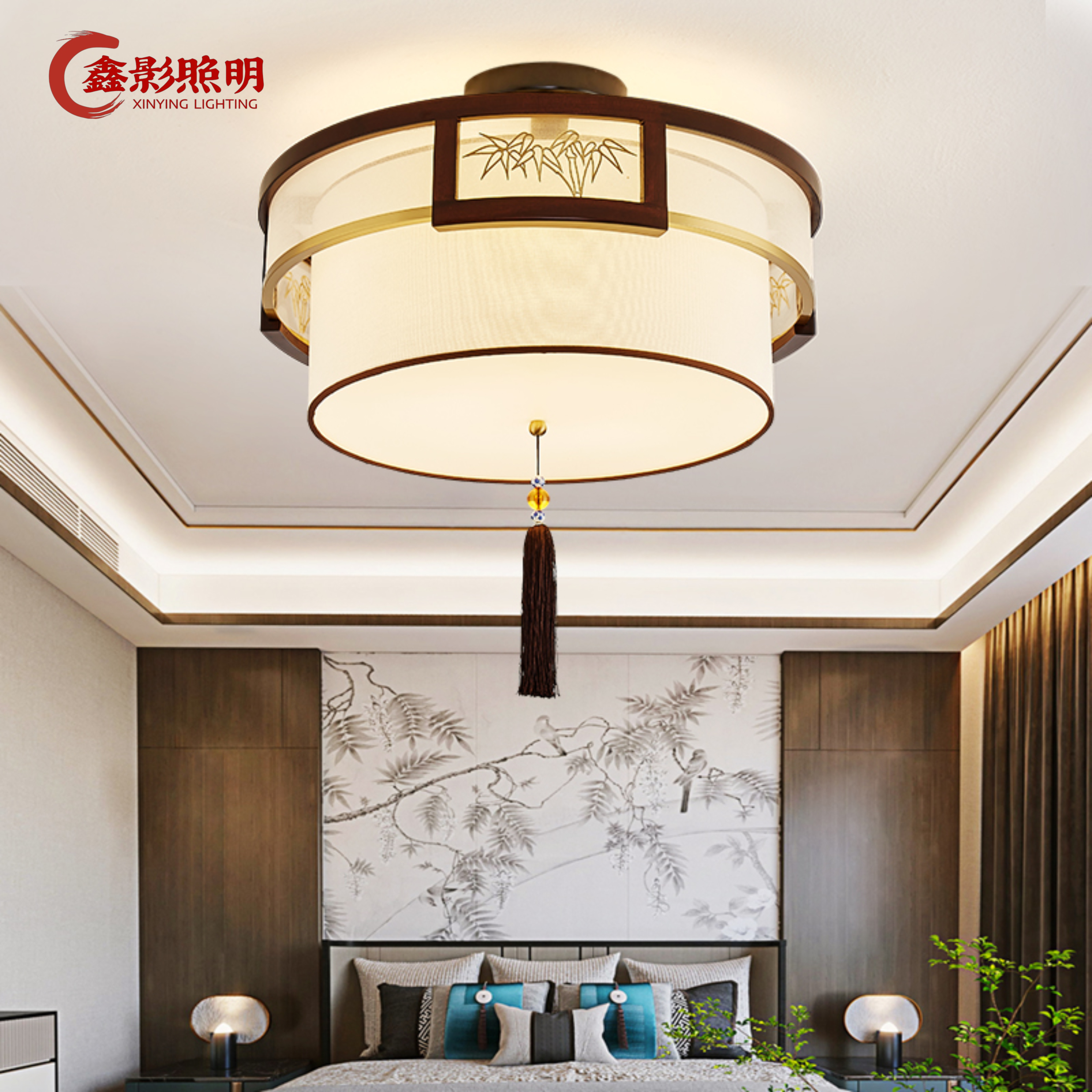 新中式乌檀木卧室灯中国风简约双层圆形餐厅过道玄关书房吸顶灯具