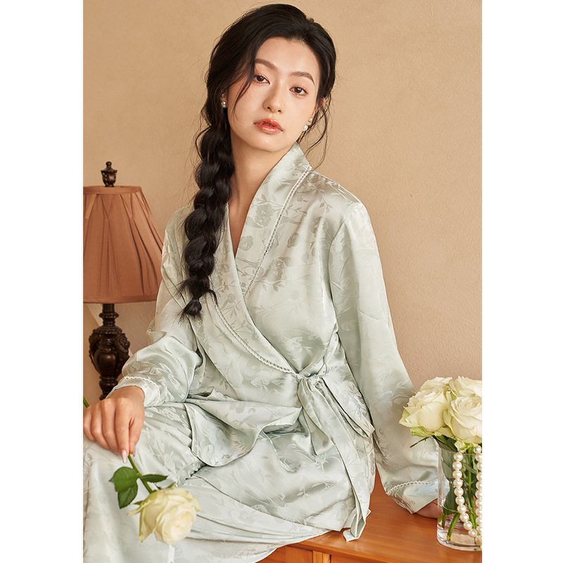 春秋宽松薄款冰丝睡衣女士春夏季青果领提花长袖长裤家居服套装