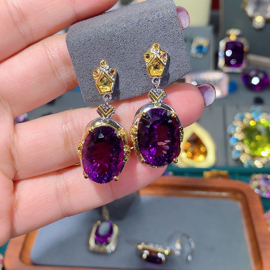紫晶耳饰银S925镶嵌湾*耳饰