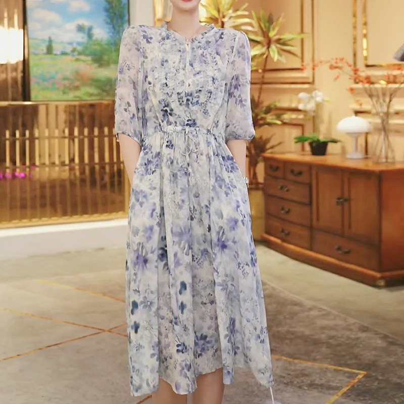 【堇兰桑蚕丝】春夏气质真丝裙印花收腰桑蚕丝连衣裙女YYQ22-771