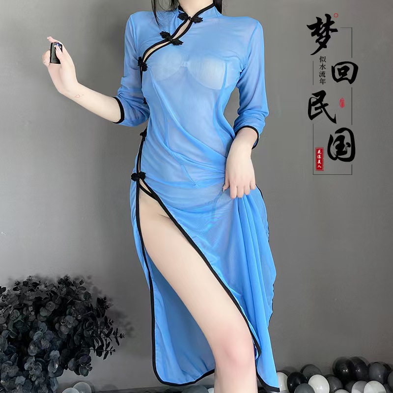 民国风性感侧开叉蓝色睡衣