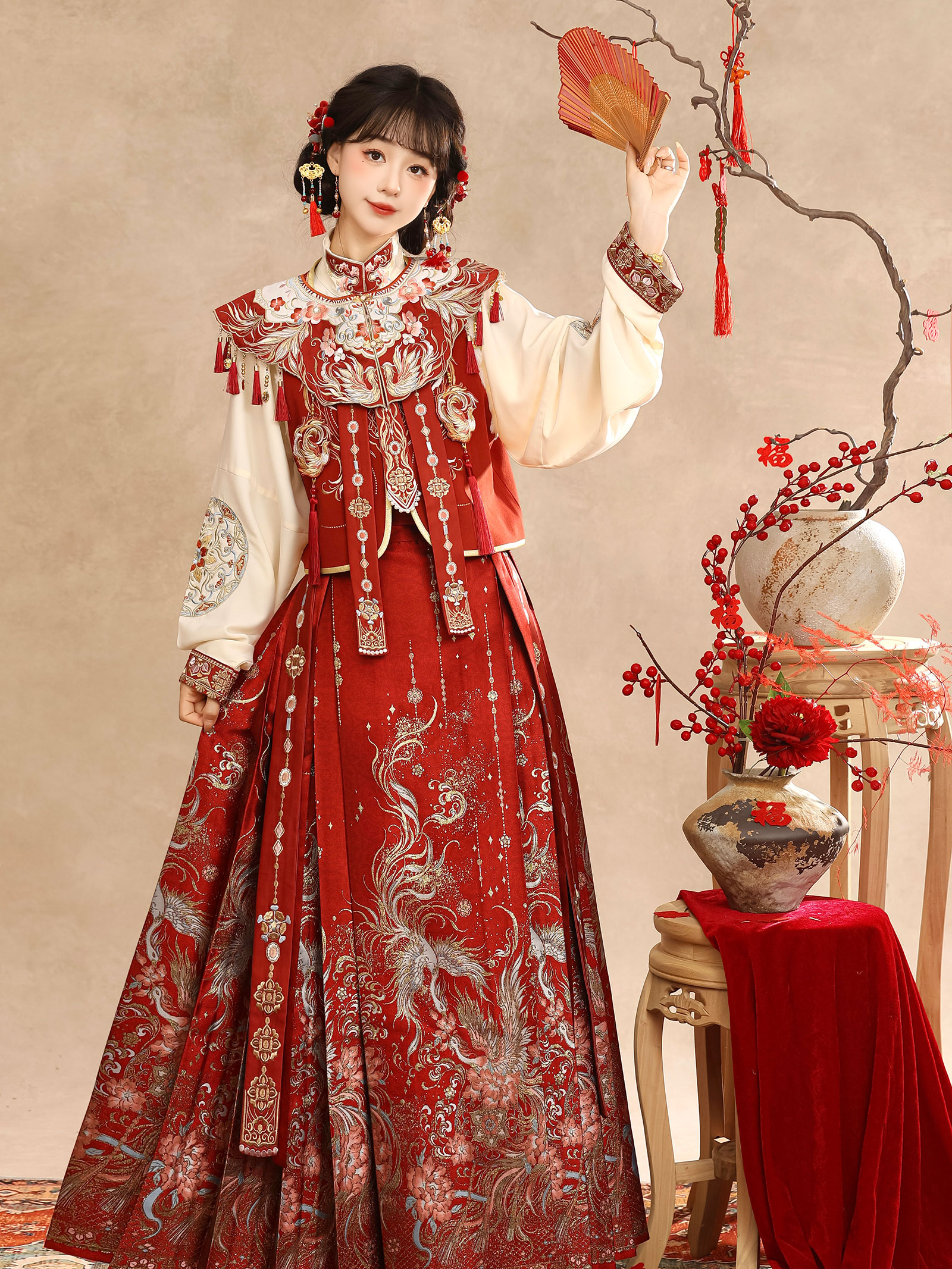 凰羽马面裙凤凰仿妆花长款马面裙敬酒服订婚女红色日常汉服拜年服