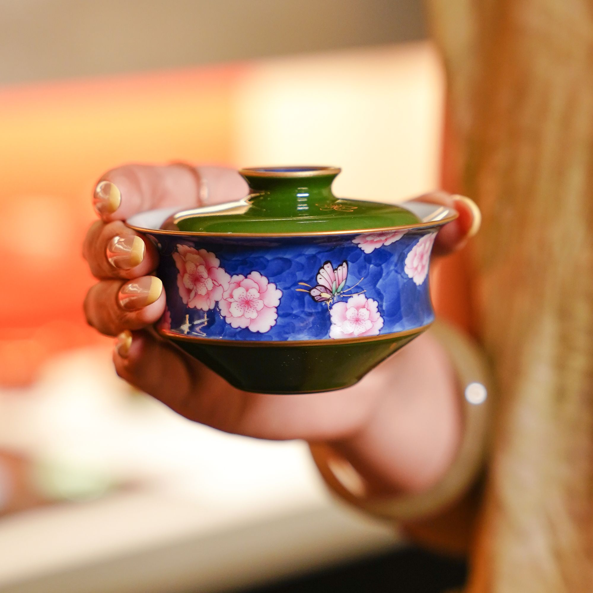 【华隐堂】复古十里桃花绿金蝴蝶盖碗珐琅彩茶具中式茶道纯手工茶杯