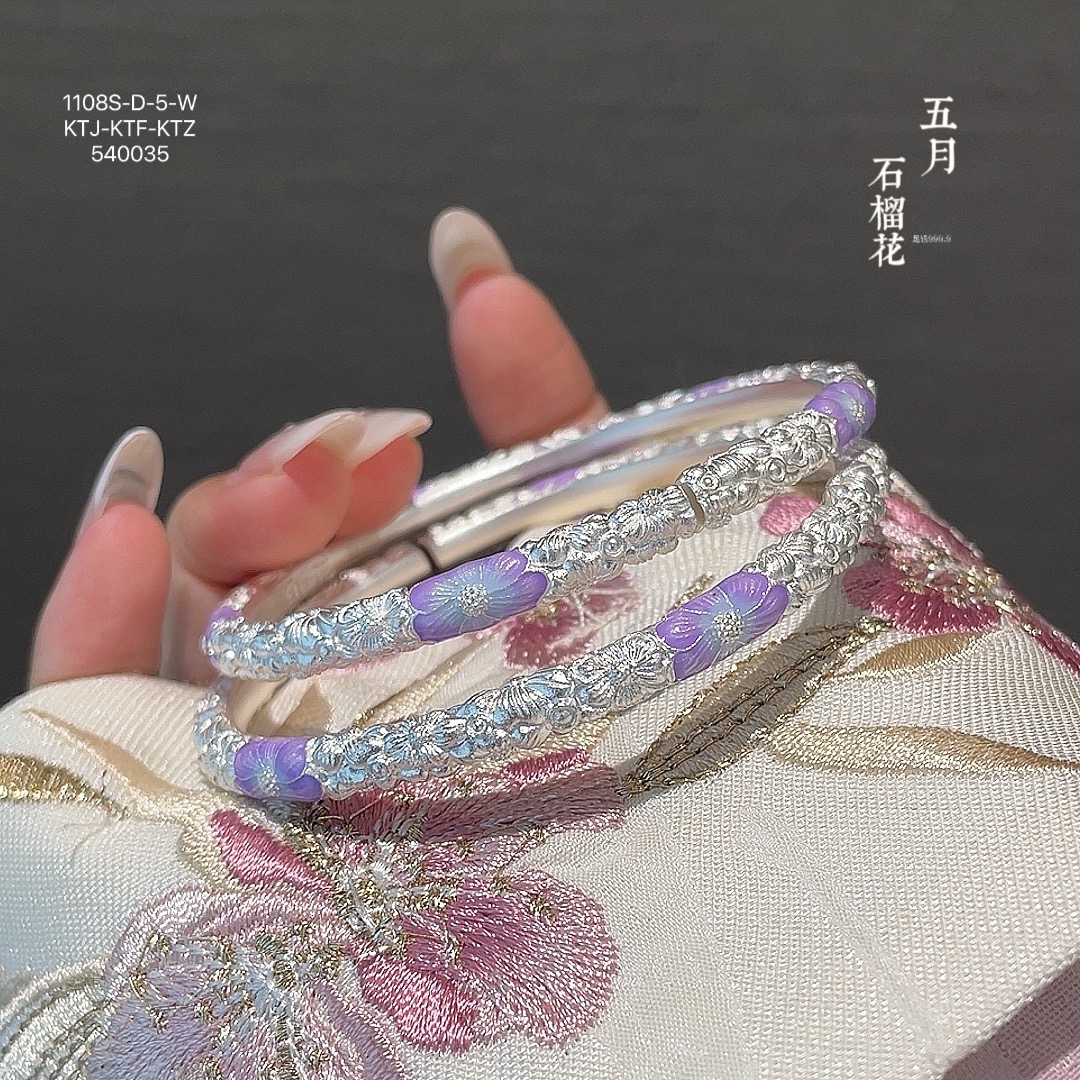 足银手镯 A55珐琅彩五月石榴花开口手镯银镯子送女友闺蜜新中式