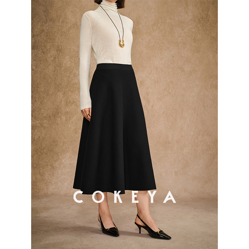COKEYA/镇店精纯~罗马假日 美利奴羊毛高密A字高腰针织半身裙
