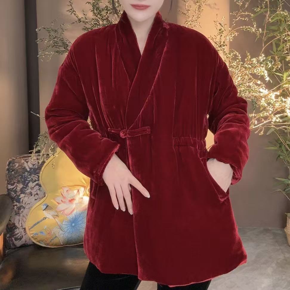 丝绒短款盘扣侧系抽绳棉衣（短款走秀）