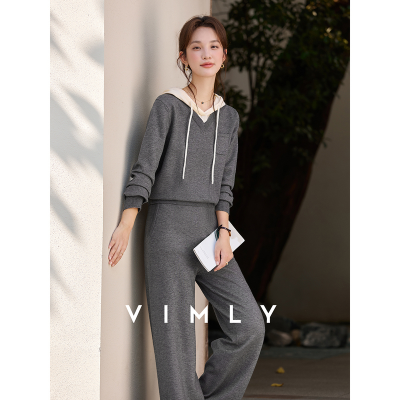 梵希蔓灰色通勤针织套装女秋季撞色连帽毛衣阔腿裤两件套75217