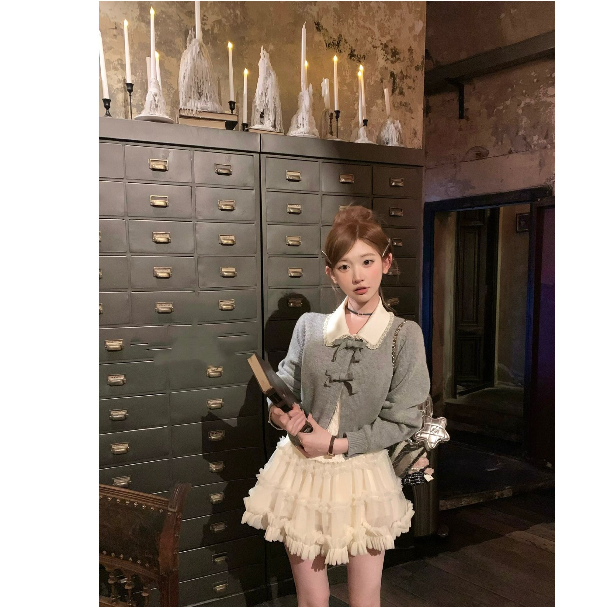 月光玛德琳 蕾丝蝴蝶结针织衫短上衣+polo内搭+重工短裙三件套装