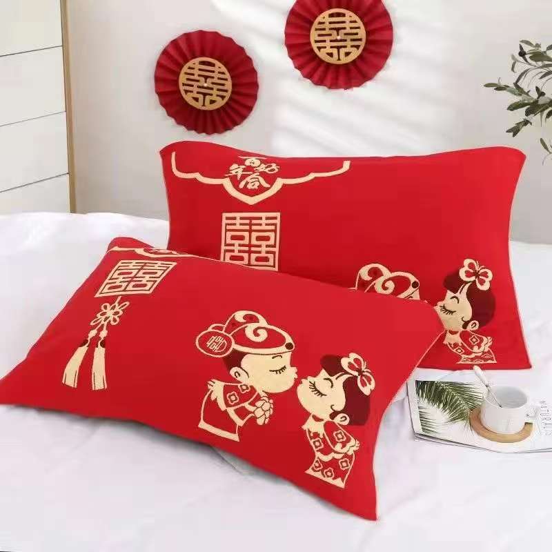 三层纱纯棉婚庆枕巾提花    枕头巾结婚喜庆加厚大红色