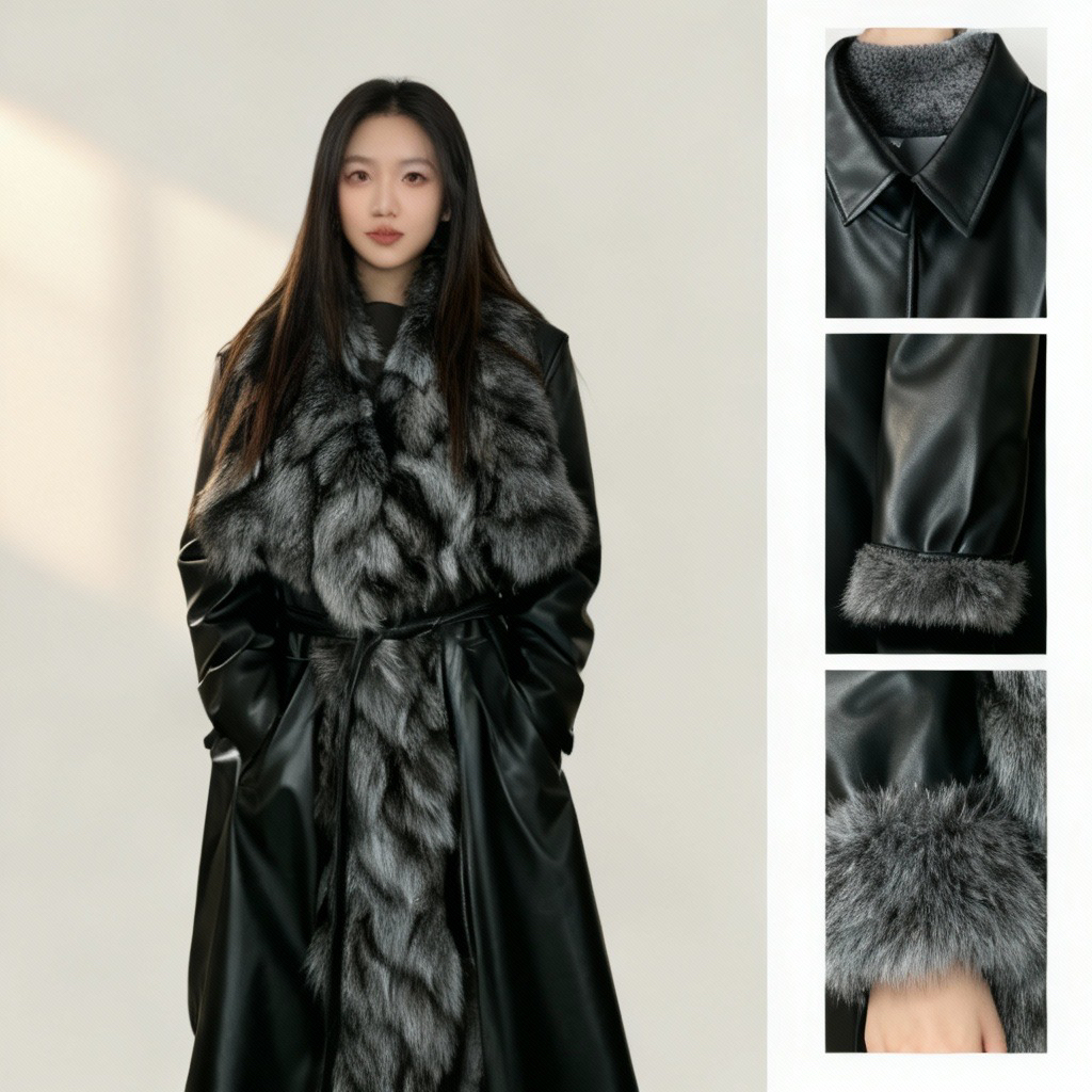 狐狸毛彩狐皮草中长款皮革外套