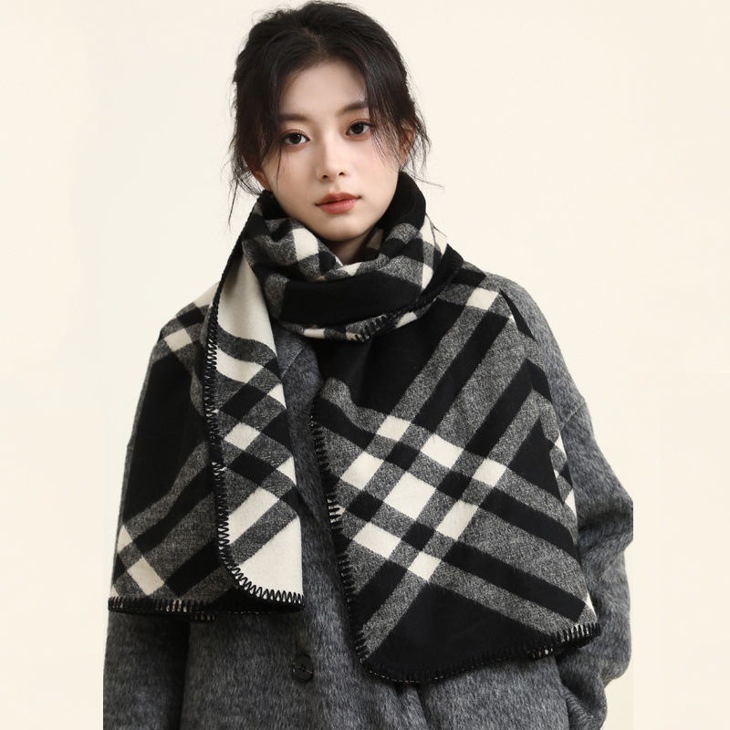秋冬2025新款经典黑白仿羊绒围巾女时尚条纹加厚保暖披肩围脖