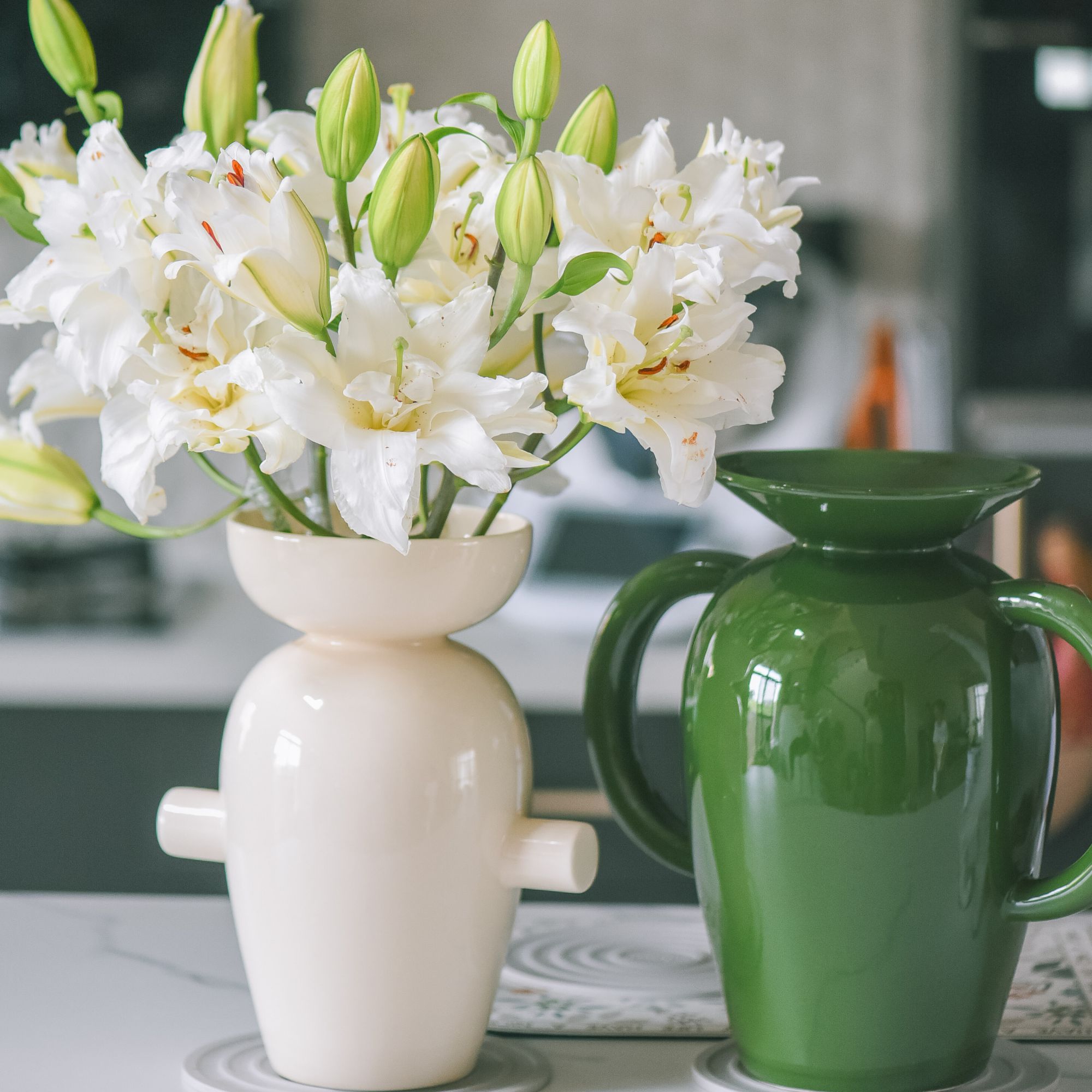 【JH家】30~27CM 丹麦双耳陶瓷花瓶 复古轻奢 精致摆件 礼盒装