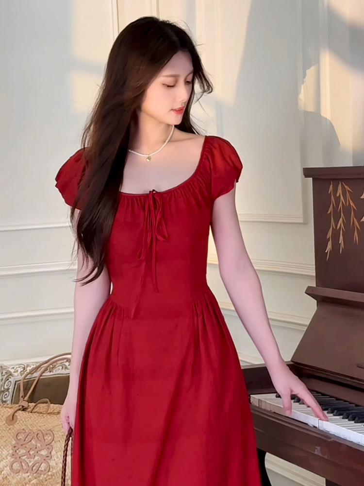 肖夫人【萱萱】复古吊带红色刺绣海边度假连衣裙长裙夏季-W137