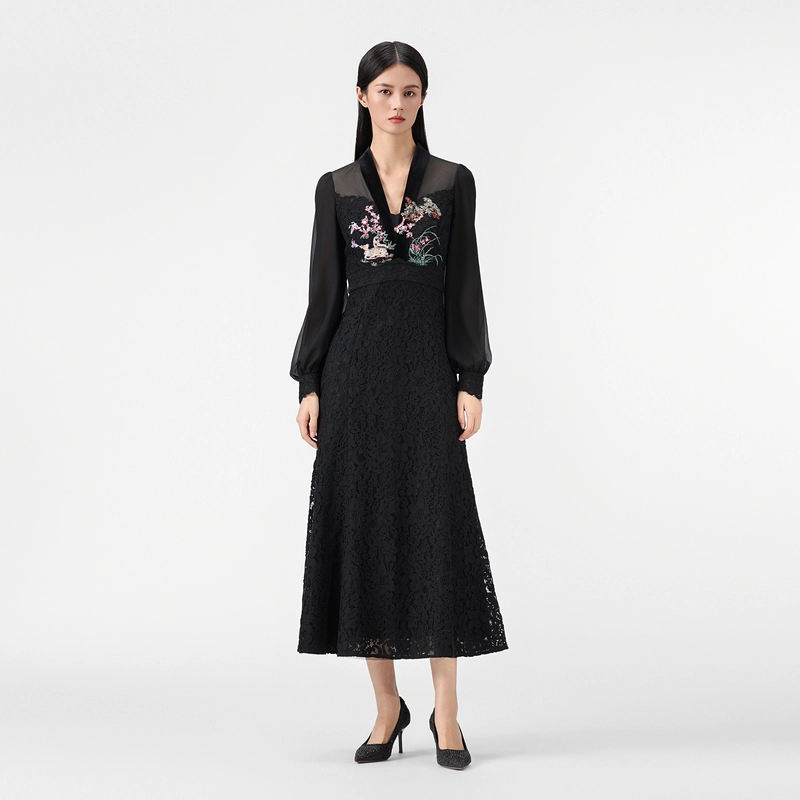 SUSSI/古色“墨梅栖鹿”V领灯笼长袖贴花鱼尾连衣裙蕾丝气质黑色