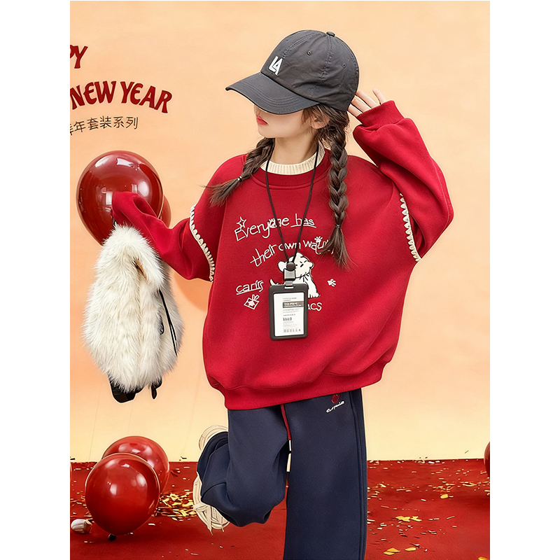 女童红色卫衣冬2026新款中大儿童加绒加厚上衣初中生本命马年衣服