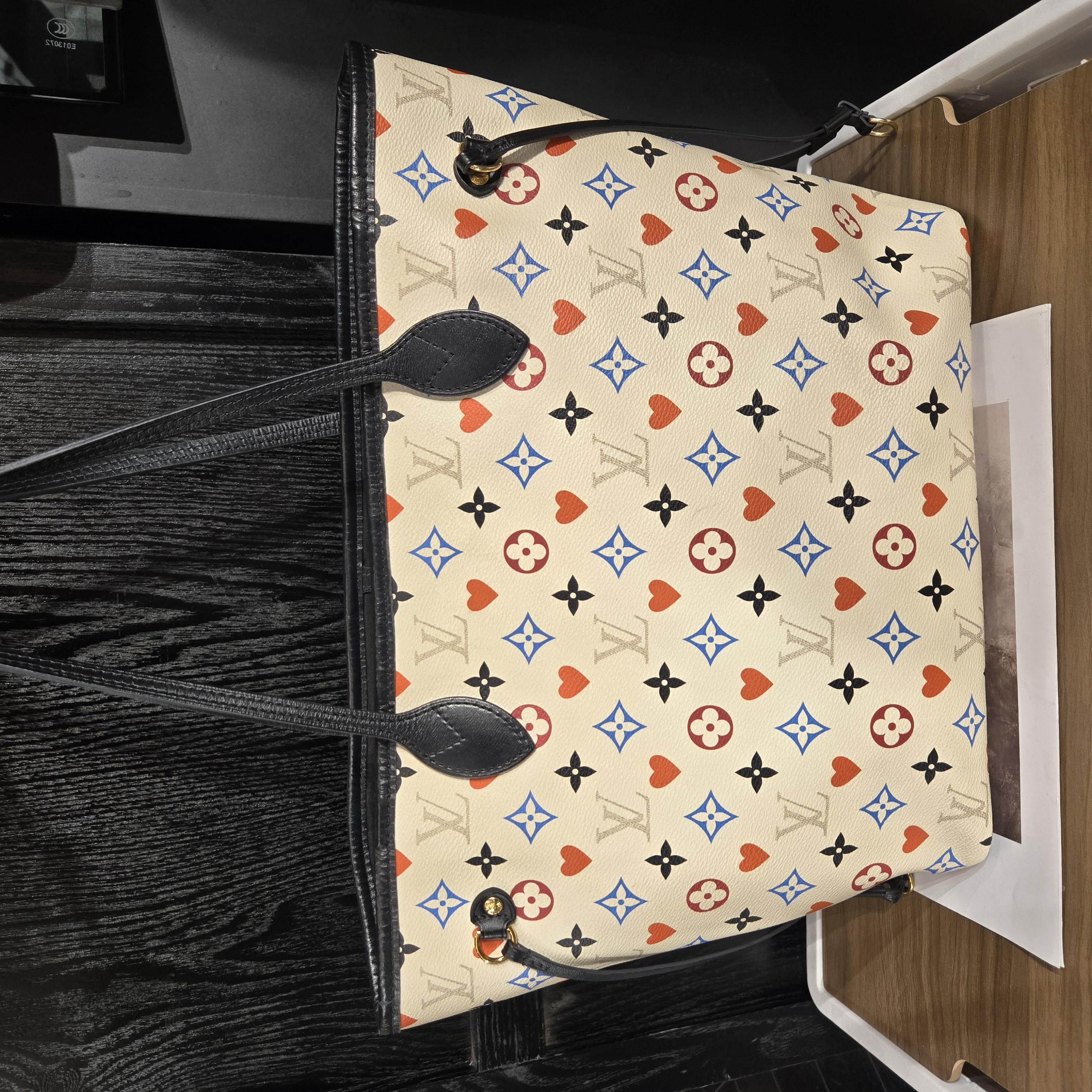 95新 LouisVuitton/路易威登 白色扑克Nverfull中号托特单肩包