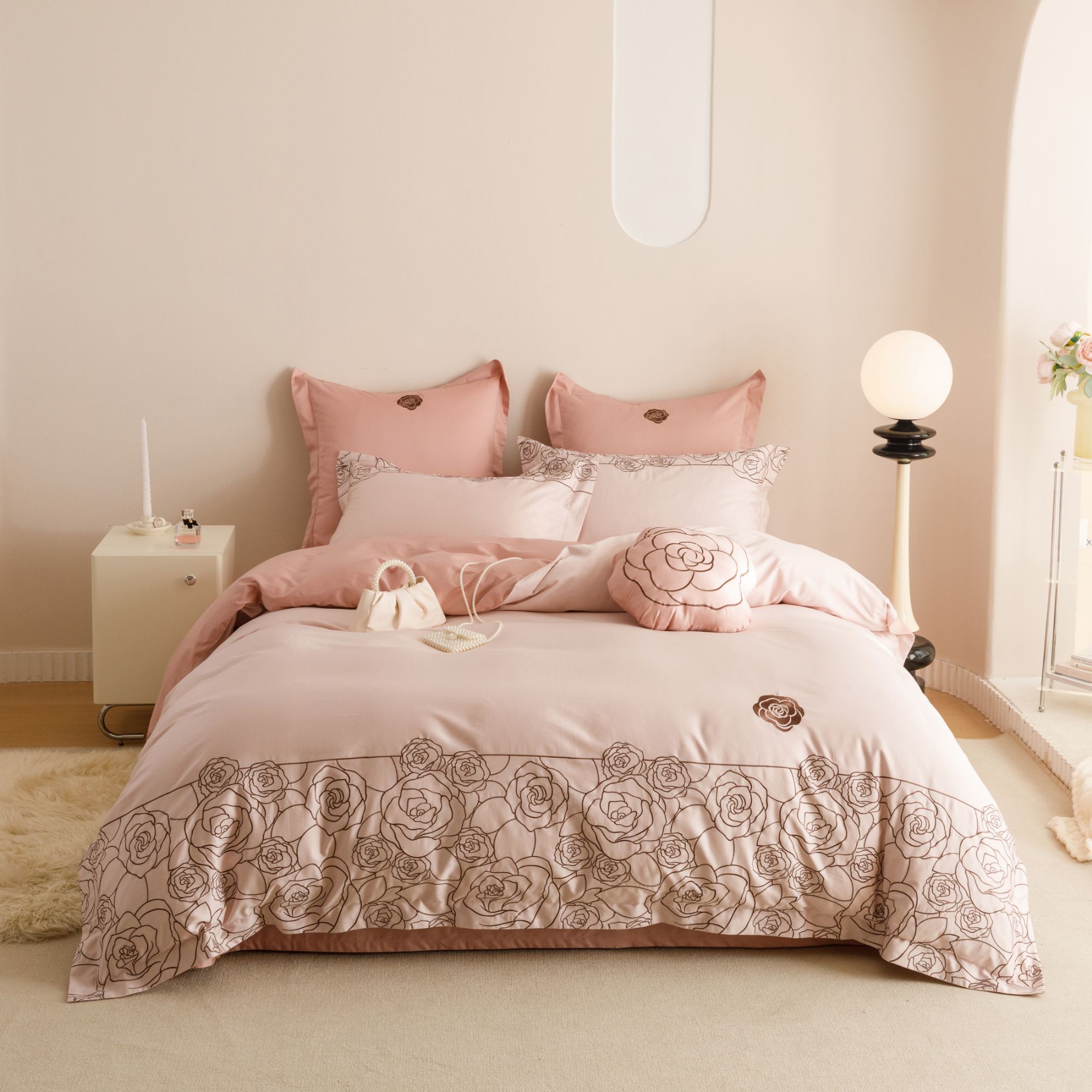 【清完不补！】100（50*50）长绒棉轻奢刺绣四件套床品-安纳西之恋粉