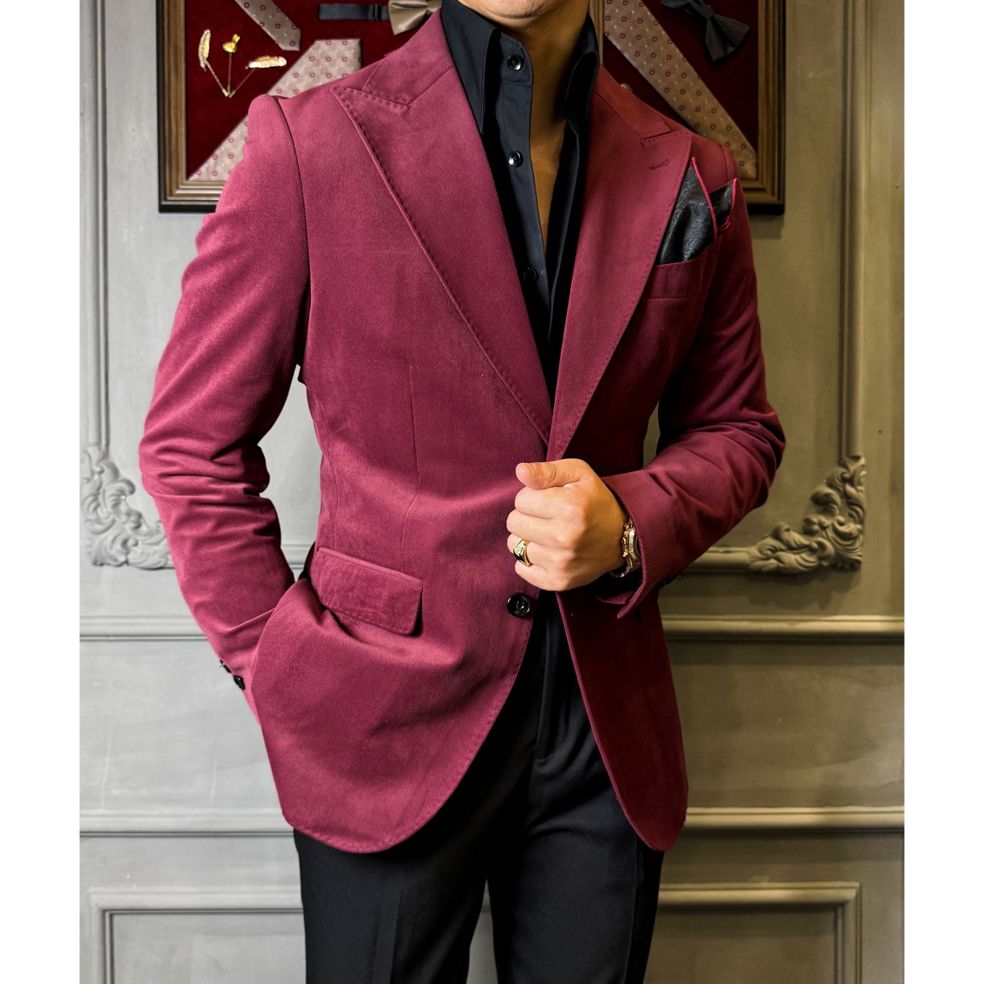 花伦 - 上新  高级感波尔多 红绒 戗驳领上衣 商务绅士