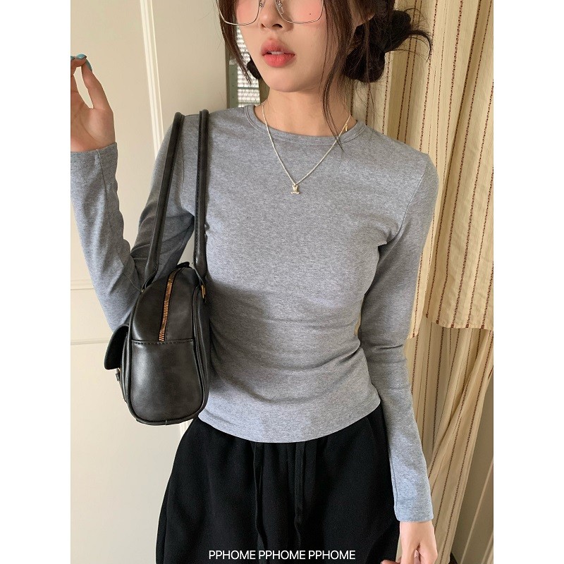 PPHOME自制~漫画身材T 白色小圆领打底长袖T恤百搭修身显瘦上衣女