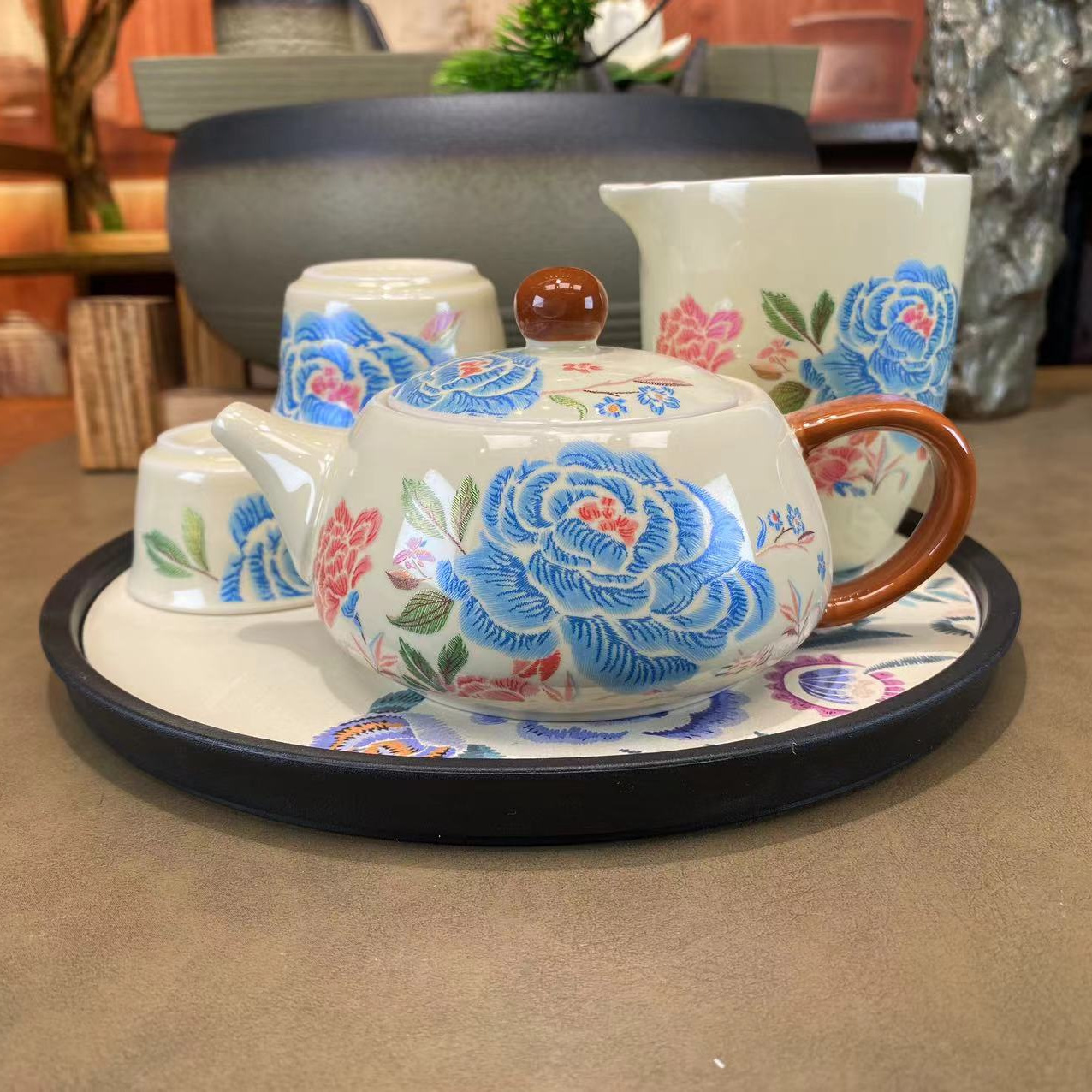 【瓷里】小马刺绣牡丹一壶四杯+公道+茶盘套装T008