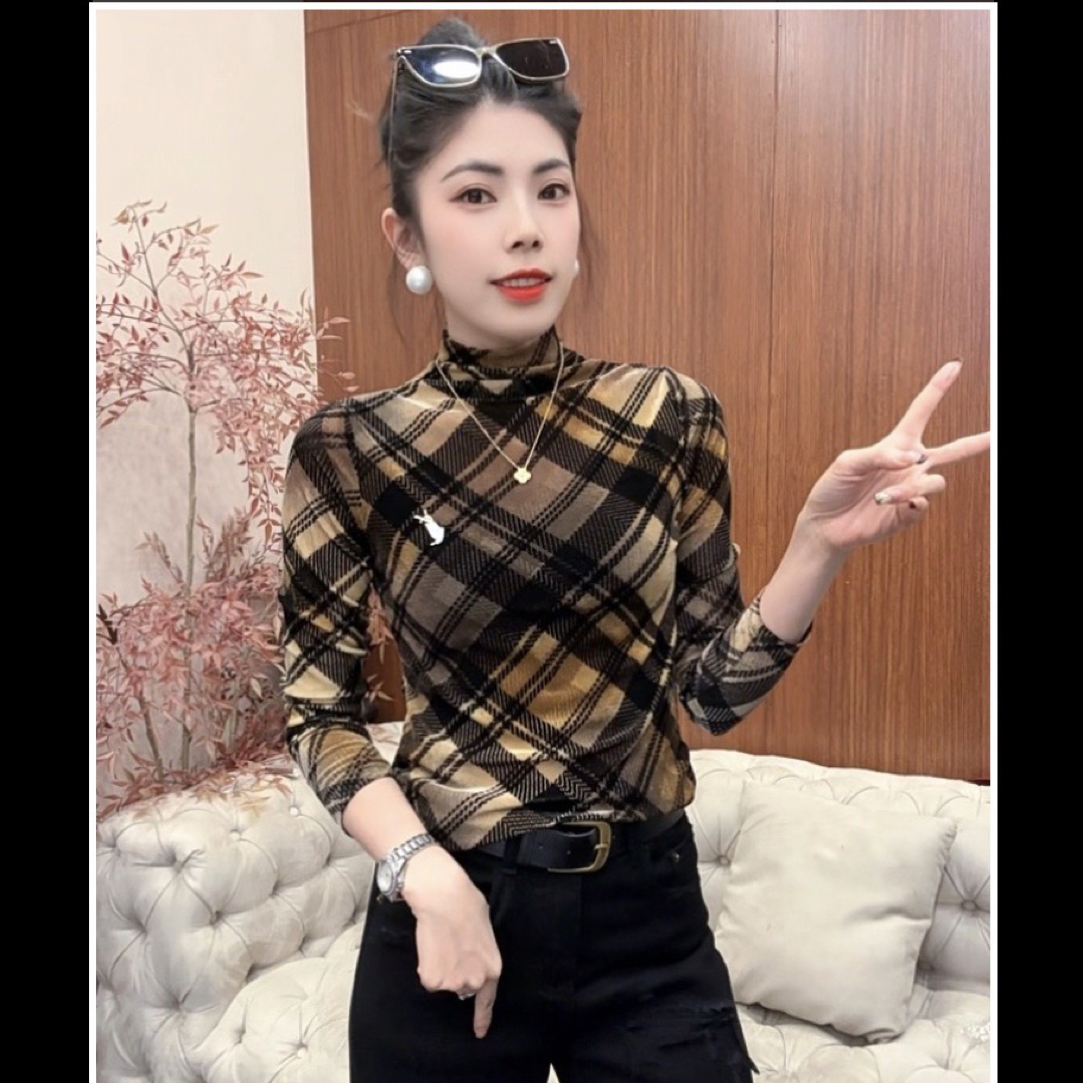 月月家，秋冬新款时尚半高领下摆褶皱收腰显瘦洋气长袖6263