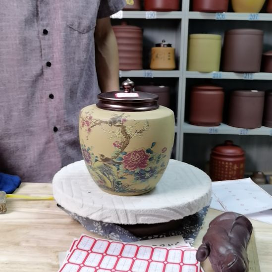 紫砂茶叶罐正品小罐合金盖吸力罐全手工花鸟款9789