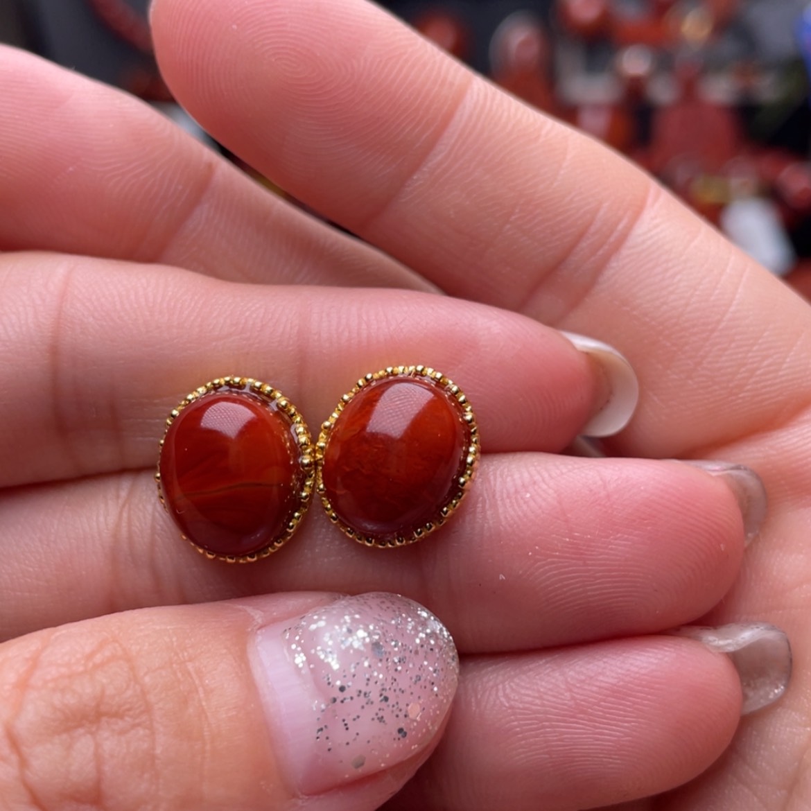 【闪购商品】南红玛瑙耳钉银S925镶嵌一*光