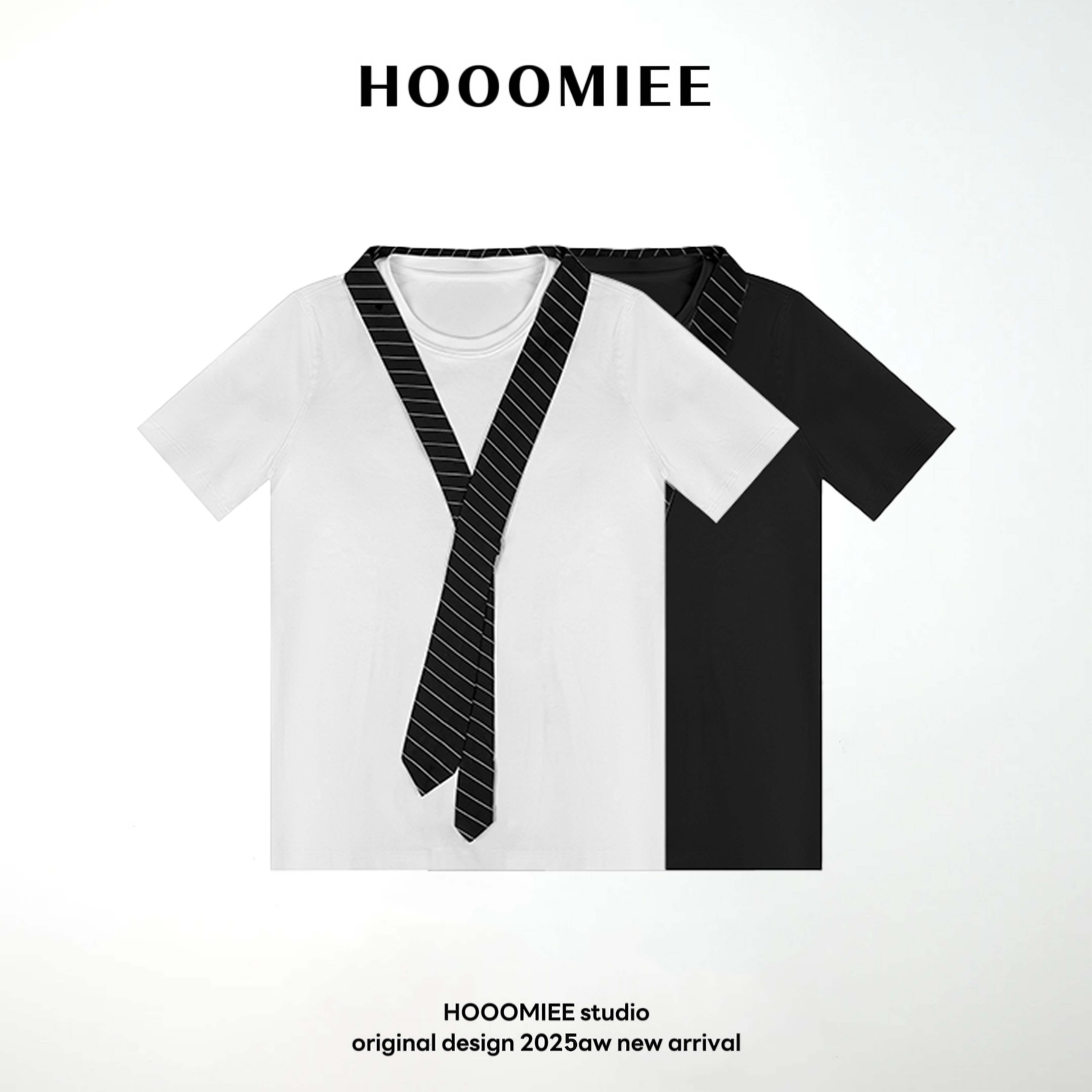Hooomiee简约宽松设计感条纹领带短袖T恤S1005