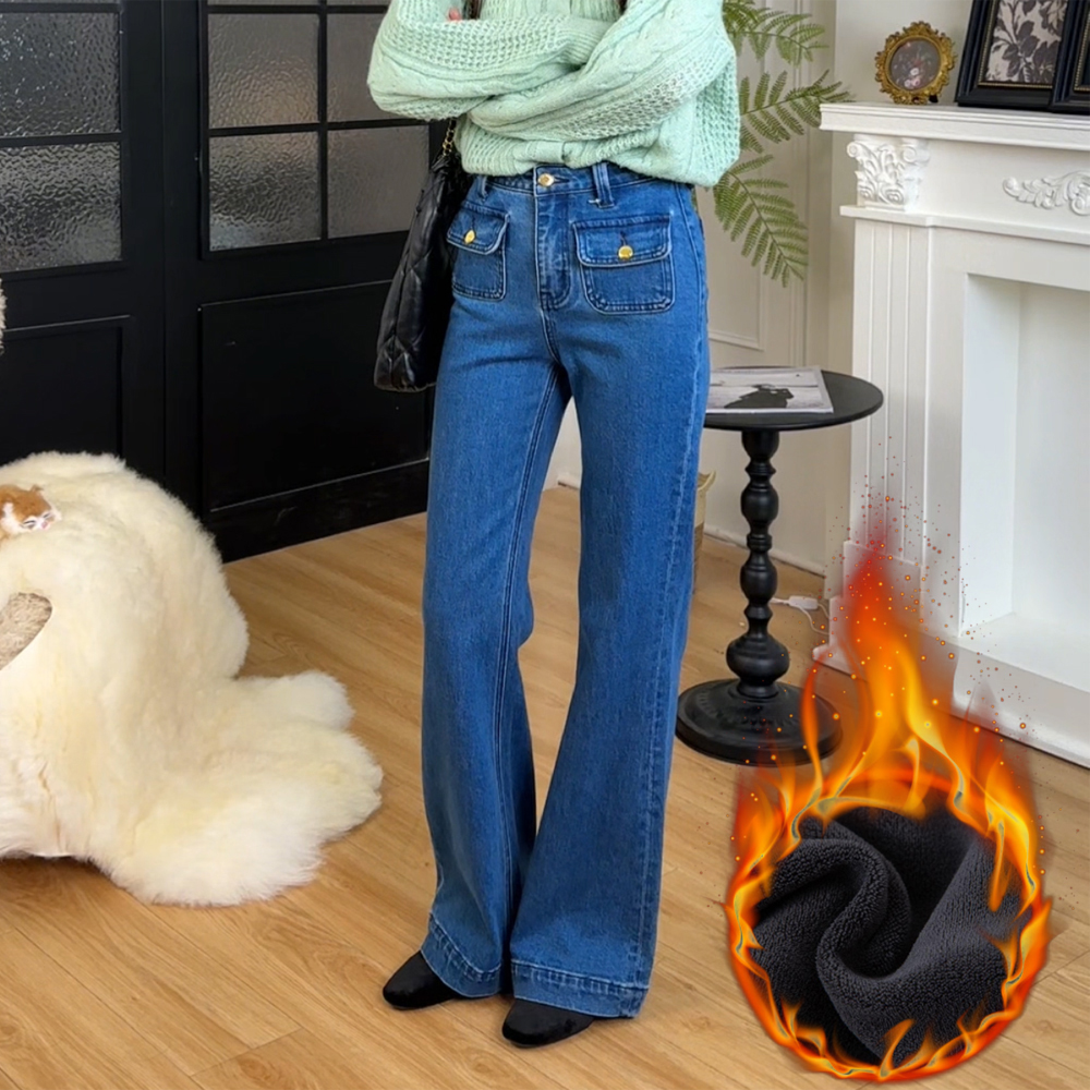 高腰法式经典纯蓝不贴腿直筒微喇牛仔裤女遮肚阔腿裤修身气质女裤