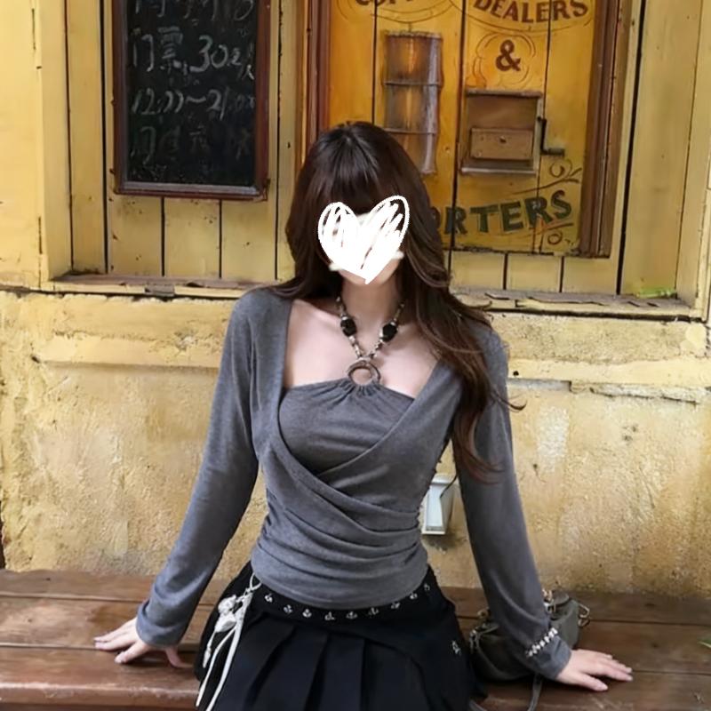 大码胖mm秋冬法式时尚假两件珍珠挂壁t恤长袖收腰修身辣妹女上衣