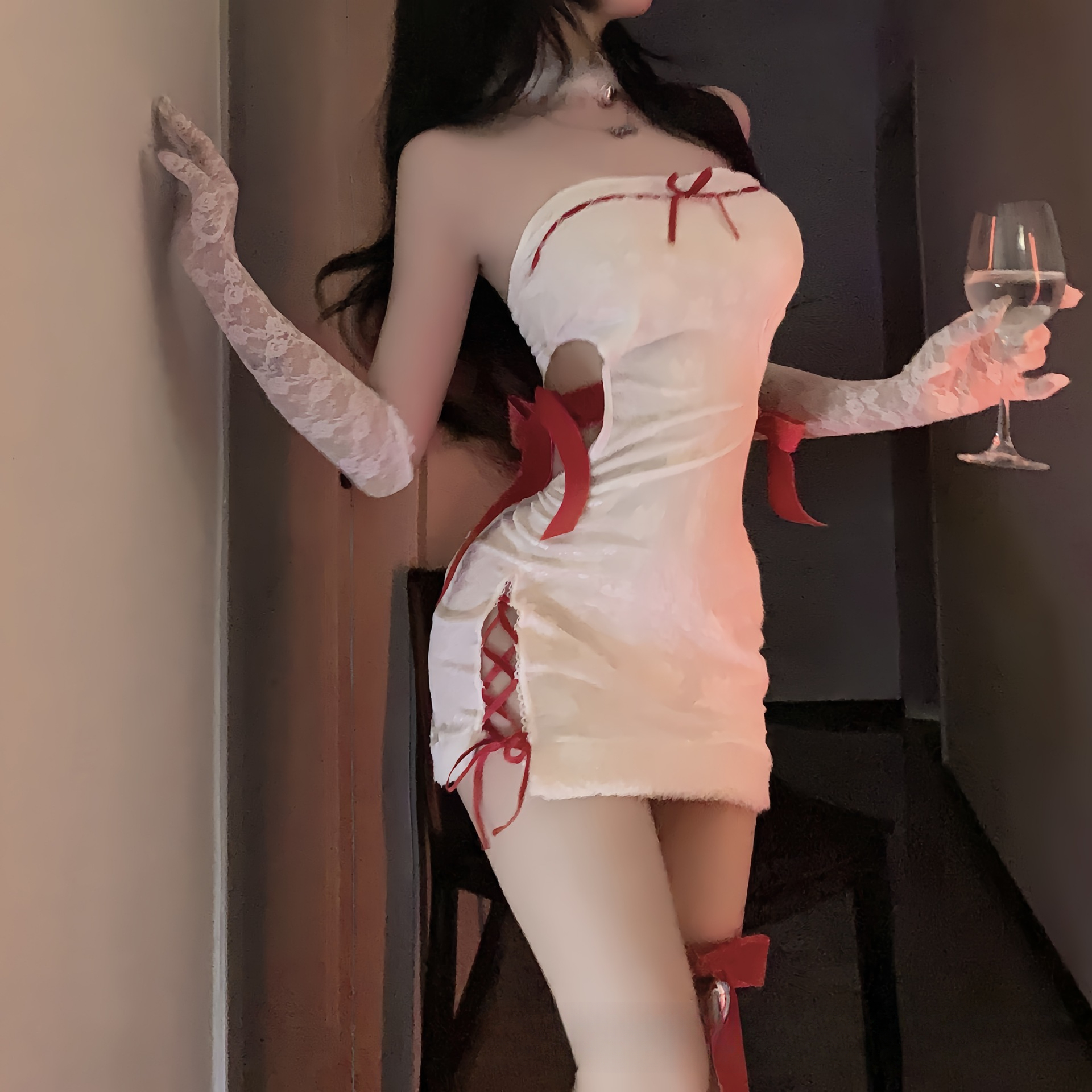 【晚安】白色圣诞趣味内衣性感睡衣服女制服纯欲风镂空包臀裙qqny