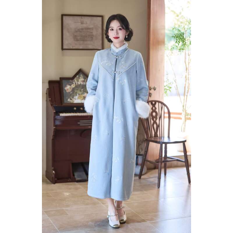 幽兰 秋冬新款重磅刺绣国风复古加绒旗袍大衣外套，A102949