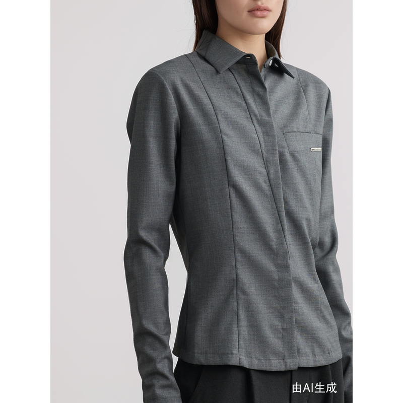 [折扣]Hyein Seo 秋冬女深灰色绵羊毛衬衫