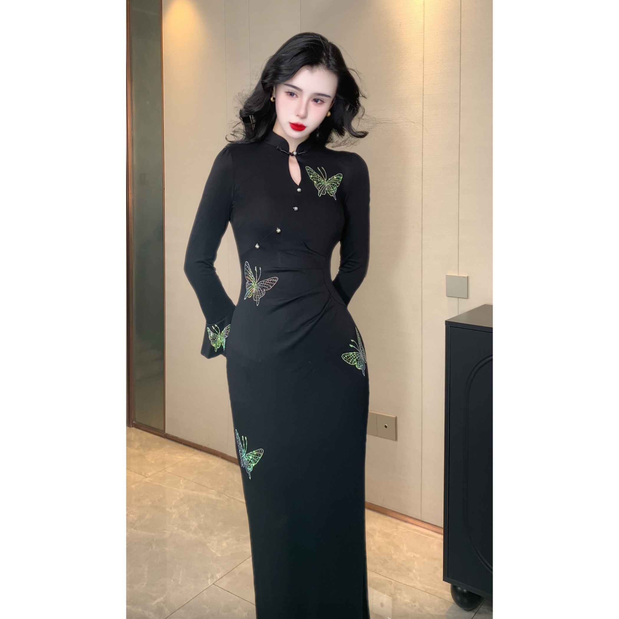 【柚禾】2026新款旗袍国风少女黑色蝴蝶高弹力日常显瘦旗袍连衣裙