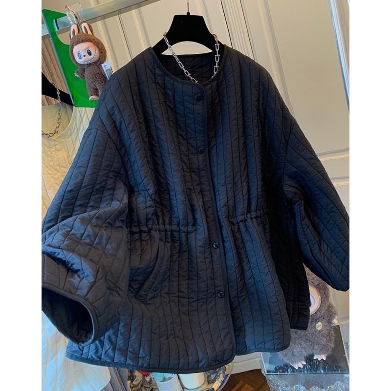 P0501高级感气质绗线圆领夹棉服棉衣宽松休闲大版外套上衣女装