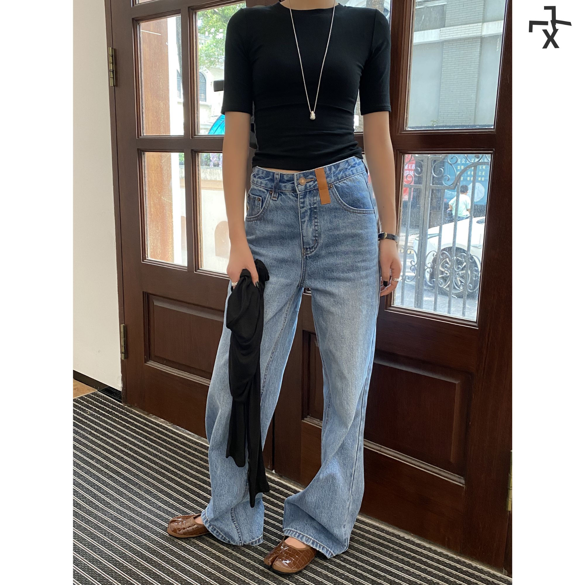 LLX7-ST2025新直筒拖地牛仔裤休闲百搭设计感皮牌款中腰显瘦长裤