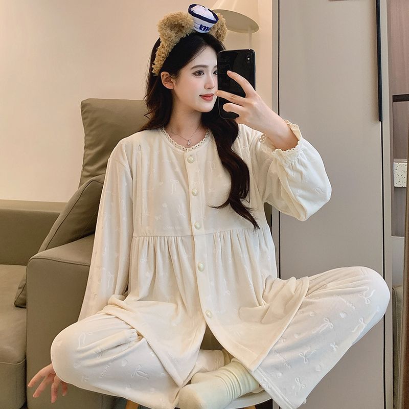 中厚款秋冬月子服产后孕妇睡衣哺乳喂奶产妇保暖德绒家居服套装冬