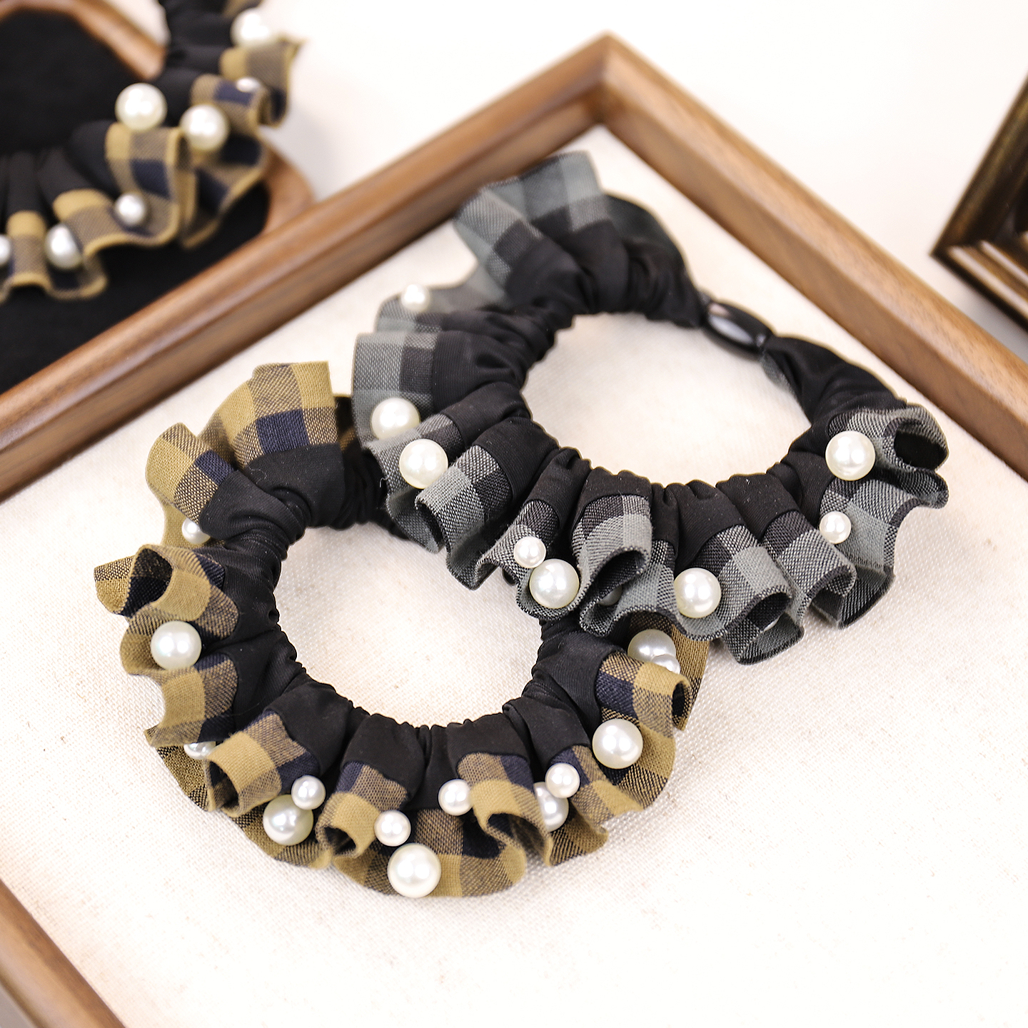 【2根装】新款高级感钉珠发圈时尚格纹花边小肠圈气质马尾头绳发饰