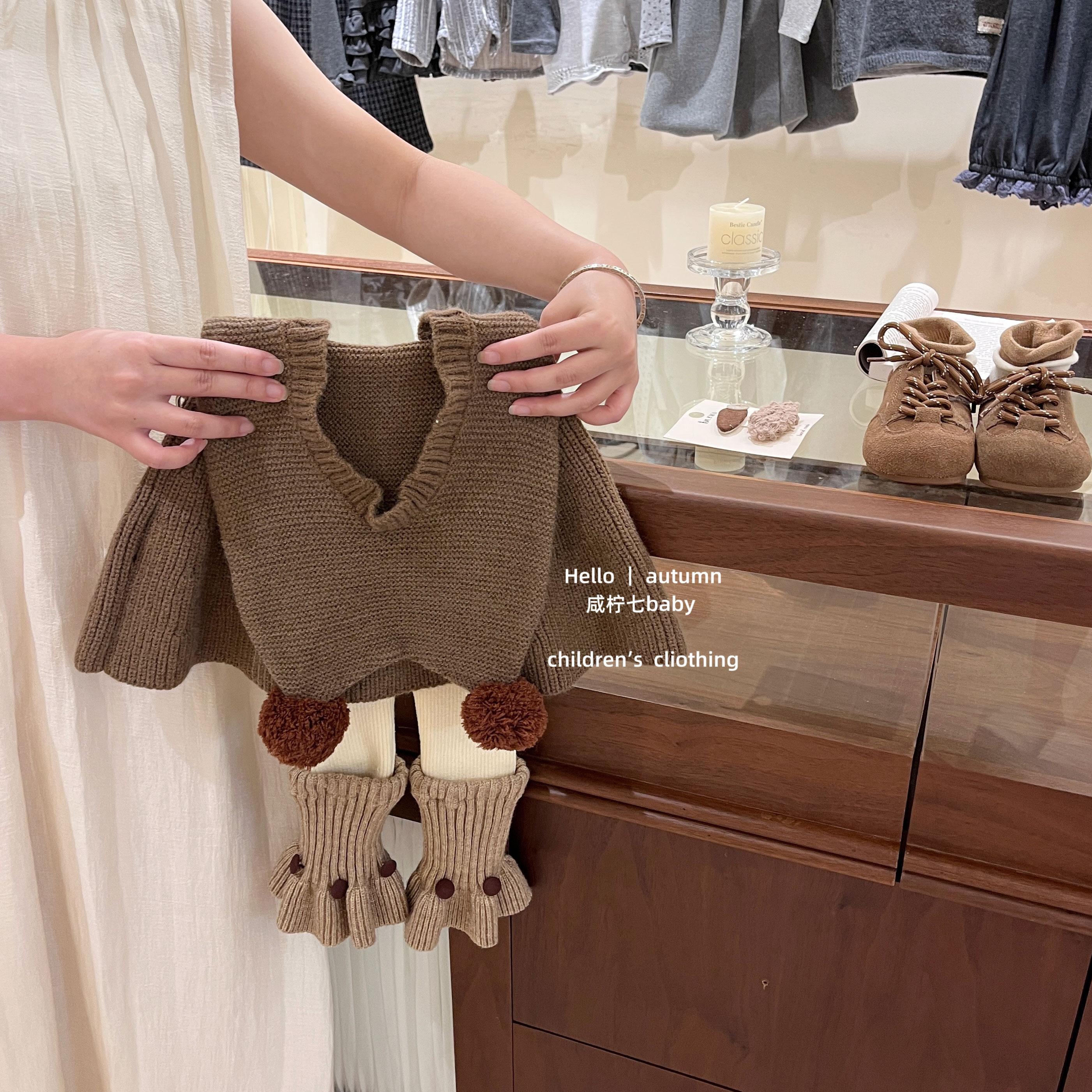 现【咸柠七】原创小精灵！女童秋韩系套装毛衣斗篷外套打底裤两件套