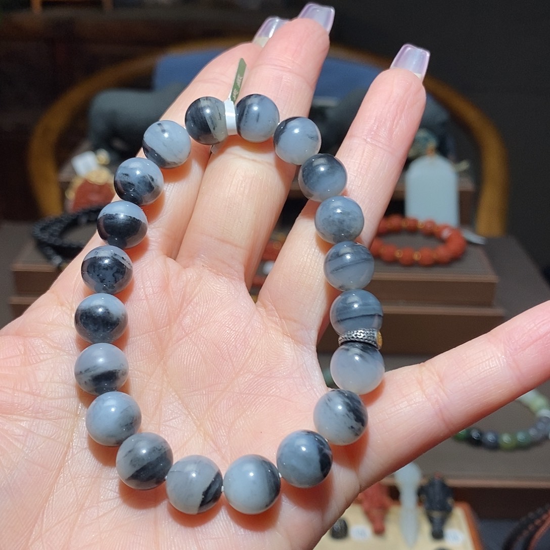 和田玉未镶嵌手链青花泼墨圆珠10mm+