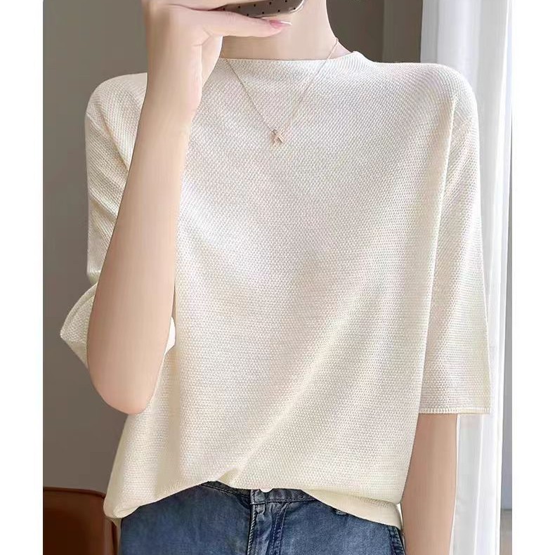 桑蚕丝铜氨丝圆领针织五分袖薄款T恤显瘦瑞丽风宽松纯色