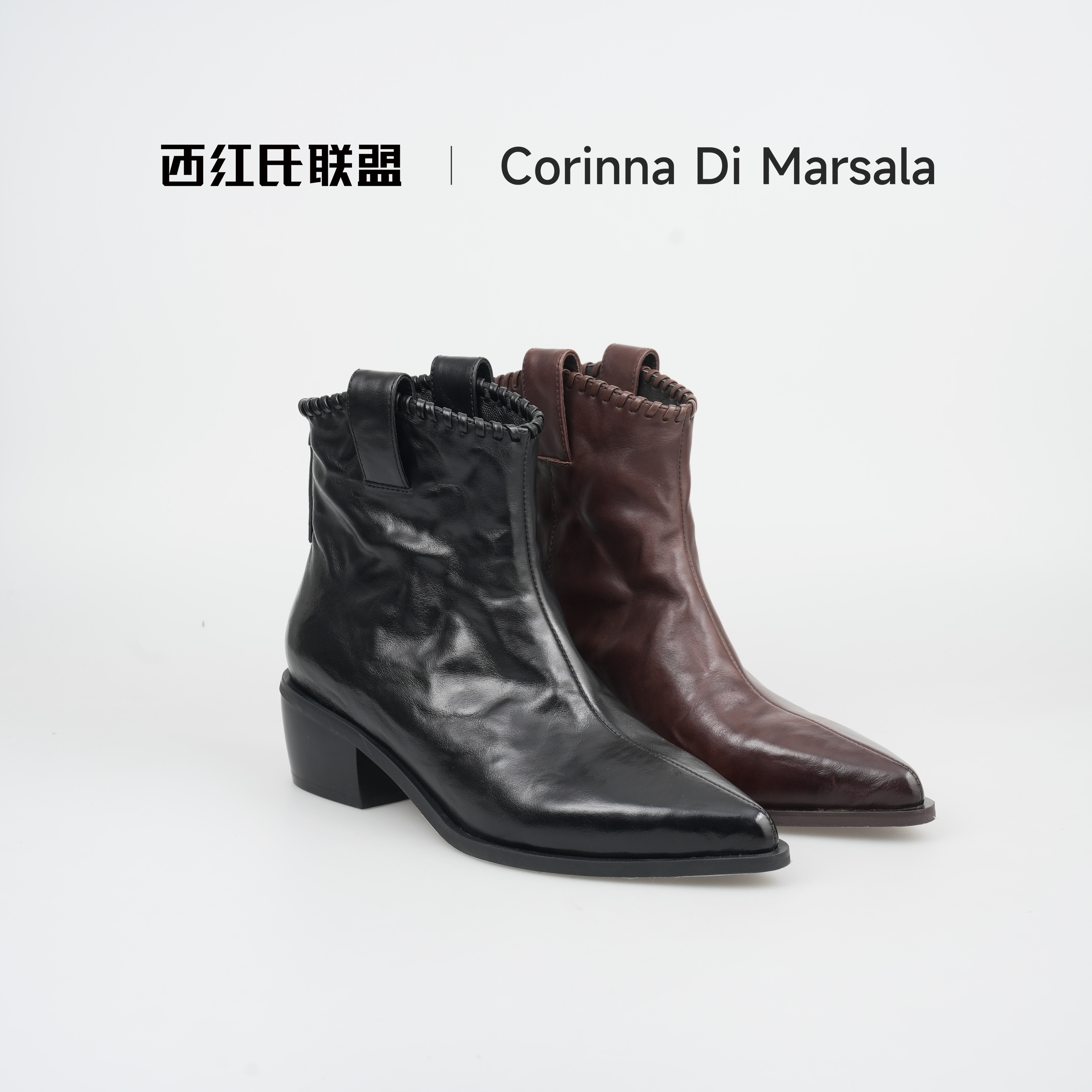 【西红氏联盟】尖头粗跟女靴增高牛皮薄绒切尔西靴X2571H571-600P