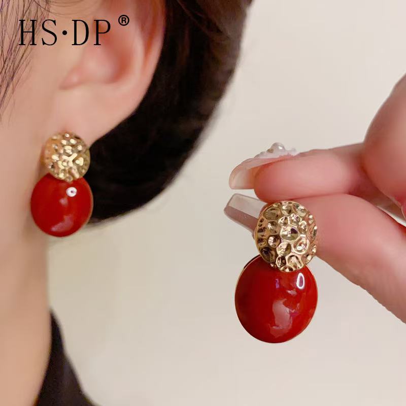 925银耳饰 韩式复古气质时尚简约安可拉红色滴油椭圆耳环