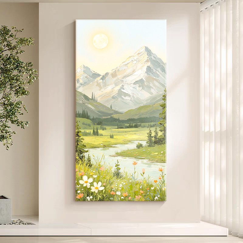 奶油风日照金山肌理手绘油画聚财山水风景客厅装饰画入户玄关挂画